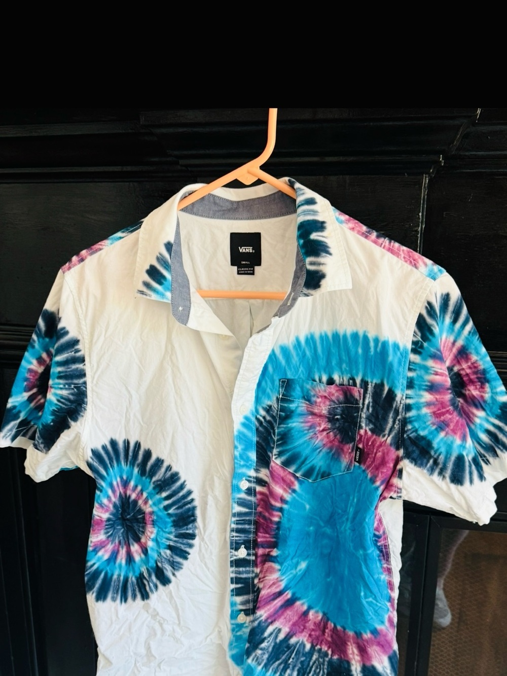 Vans White Tie-Dye Short Sleeve Button-Up Shirt with Blue and Pink Accents